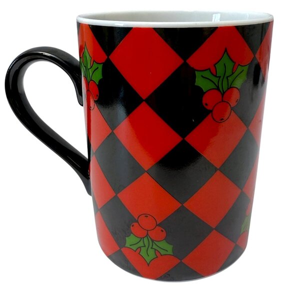 DEPARTMENT 56 Holiday Mugs Set of 3 Red Black Checkerboard Christmas Ho Ho Holly - Picture 3 of 10